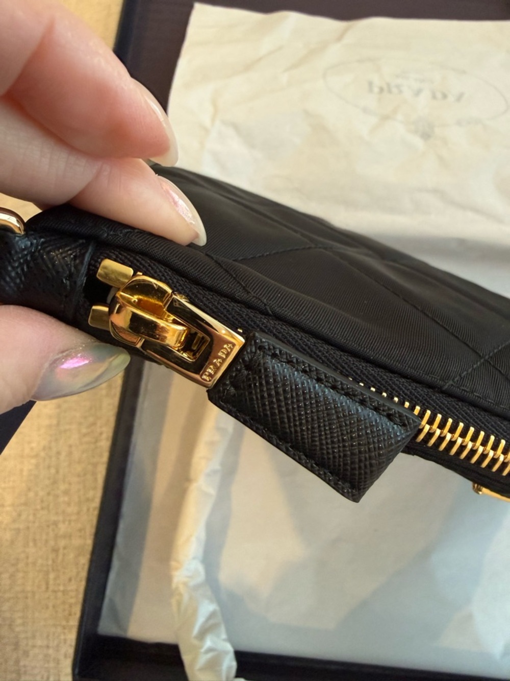 Prada Black Quilted Re-Nylon Clutch with Gold Chain - Picture 6 of 10